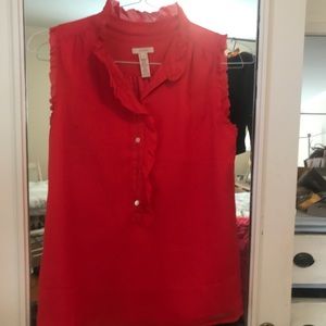 J Crew Red sleeveless 100% silk blouse with ruffle neckline.